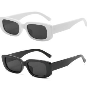 Dlala Pack of 2 Retro Fashion Rectangle MC STAND Glasses for Men for Women Trendy Sunglasses UV 400 Protection Square Frame - Eyewear (Combo(White+Black))