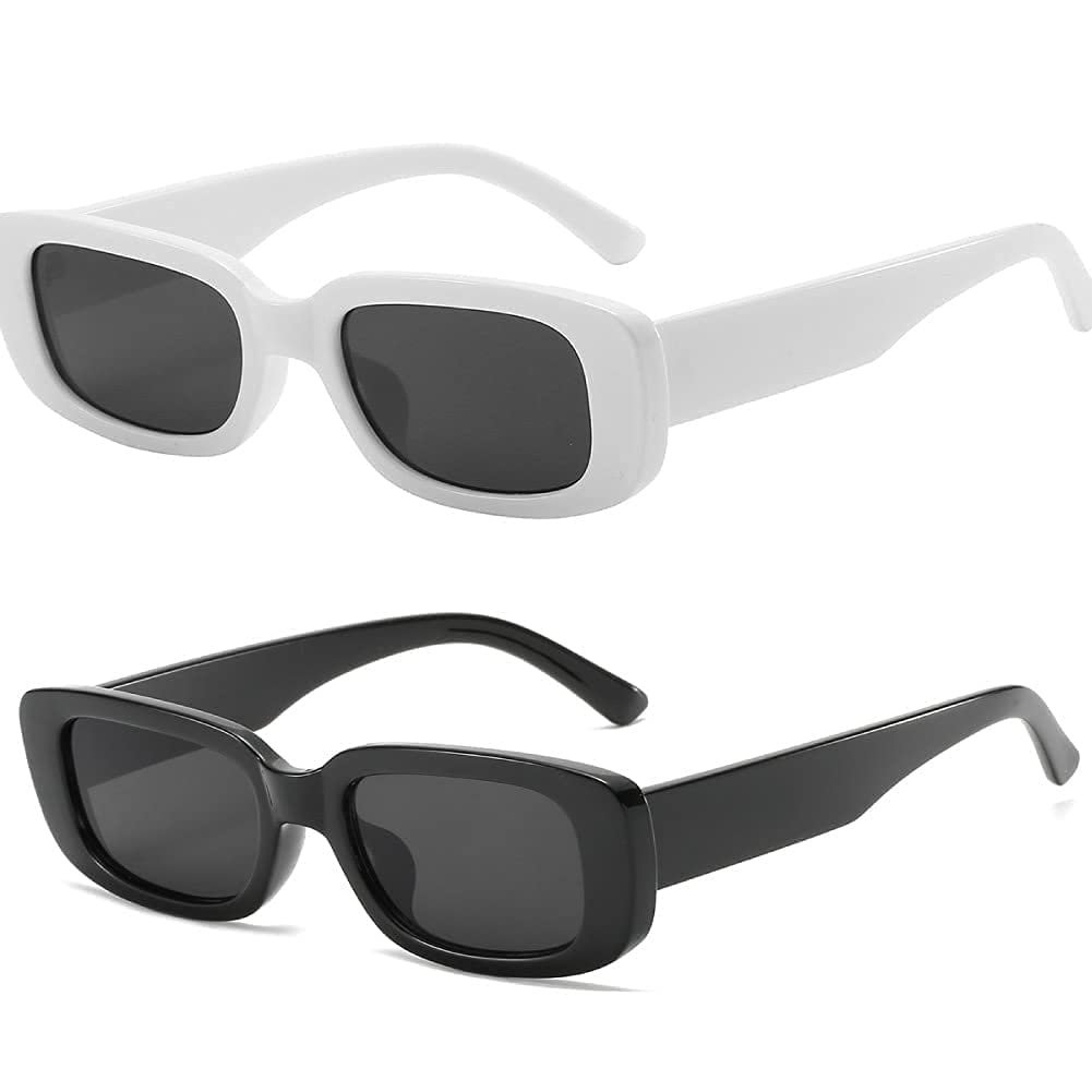 Dlala Pack of 2 Retro Fashion Rectangle MC STAND Glasses for Men for Women Trendy Sunglasses UV 400 Protection Square Frame - Eyewear (Combo(White+Black))