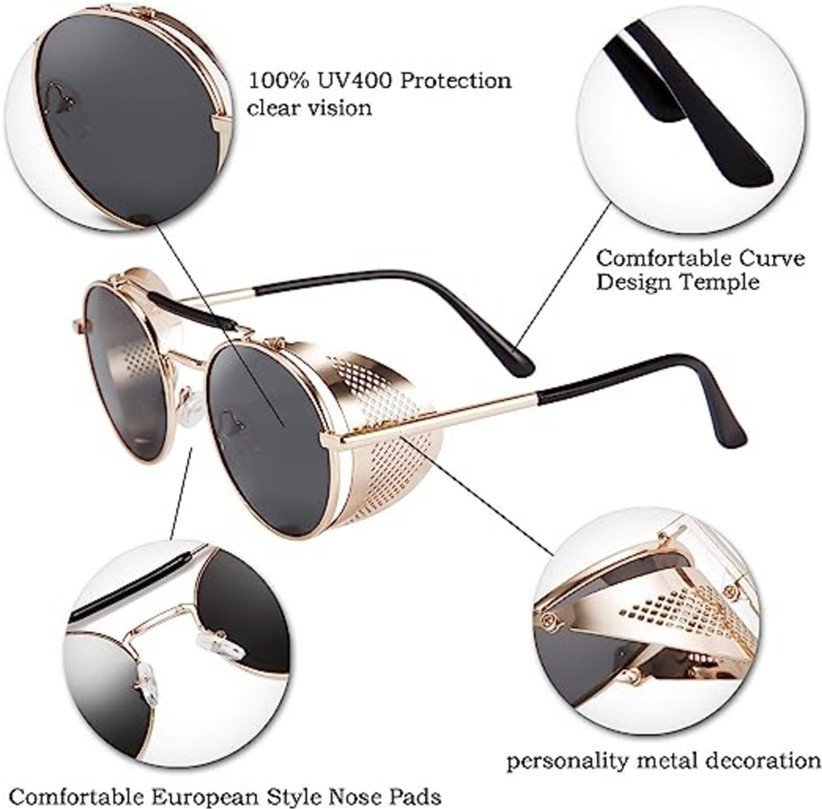 Retro Steampunk Round Sunglasses with Metal Mesh Side Shields – UV400 Protection – Unisex Iron Man Style Goggles - Image 4