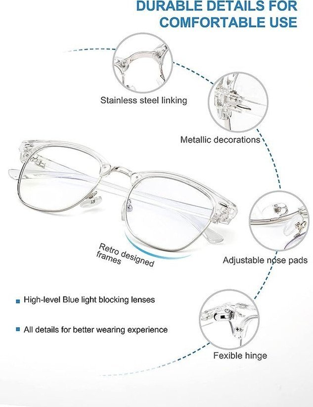 Premium Clear Clubmaster Anti-Blue Light Glasses for Men & Women | Transparent Half-Frame Computer Eyeglasses for Eye Strain - Image 3